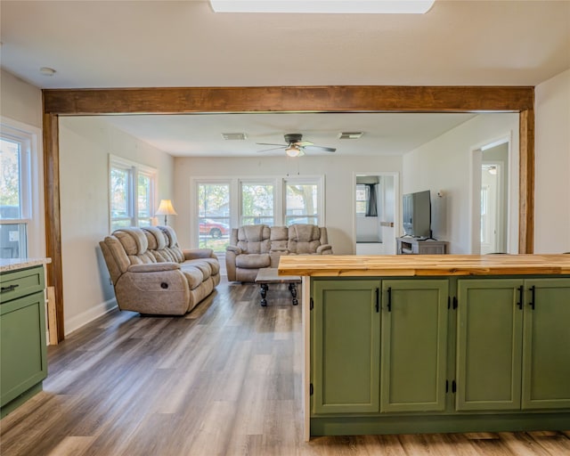 kitchen with ceiling fan, light hardwood / wood-style flooring, a wealth of natural light, and green cabinets