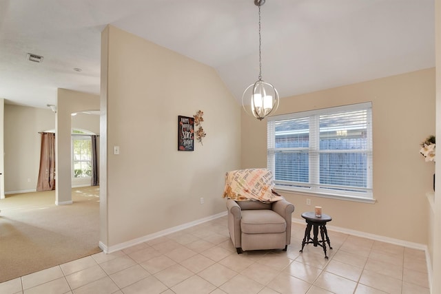 8226 Point Pendleton Dr, Tomball, TX 77375 - sitting room with a chandelier, baseboards, light tile patterned floors, and lofted ceiling