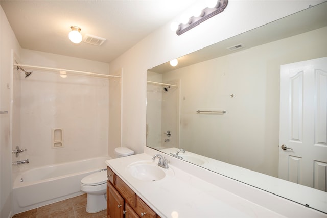 full bathroom featuring tile patterned flooring, vanity, shower / bath combination, and toilet