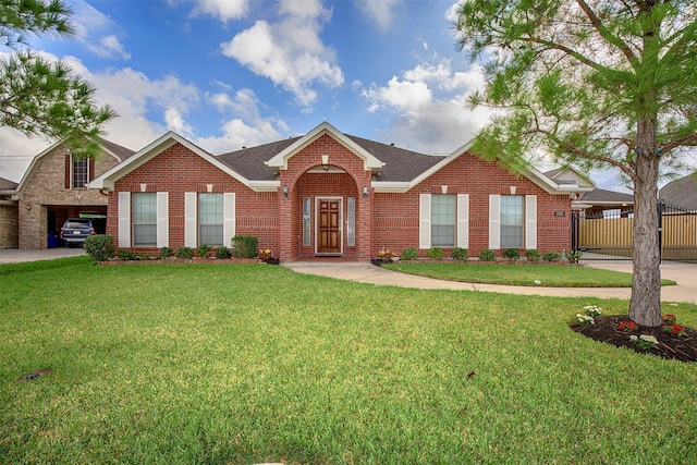 single story home featuring a front lawn