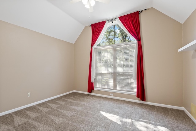 additional living space featuring carpet flooring, ceiling fan, and vaulted ceiling