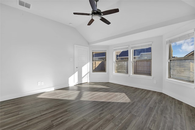 unfurnished room featuring dark hardwood / wood-style flooring, ceiling fan, and lofted ceiling