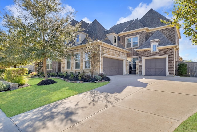 view of front facade with a front yard and a garage