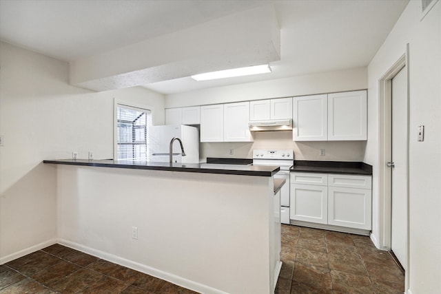 kitchen featuring white cabinets, white appliances, and kitchen peninsula