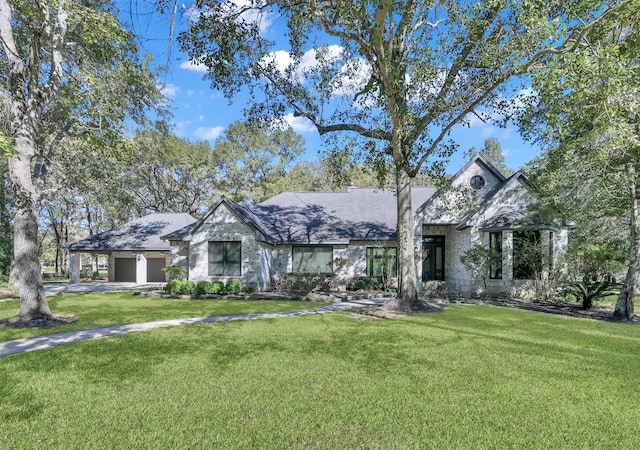 single story home with a front yard and a garage