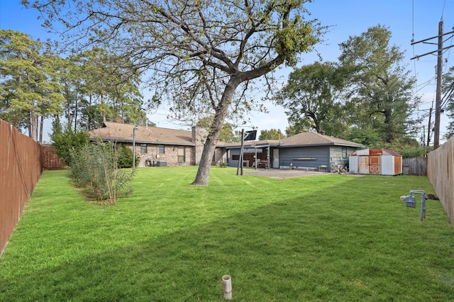 view of yard featuring a patio area and a storage shed