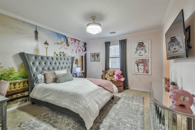 bedroom with light colored carpet and crown molding