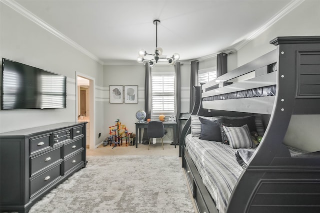 bedroom featuring ensuite bath, crown molding, carpet, and an inviting chandelier