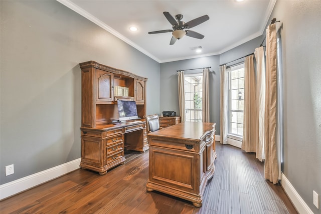 office area featuring ceiling fan, dark hardwood / wood-style flooring, and ornamental molding