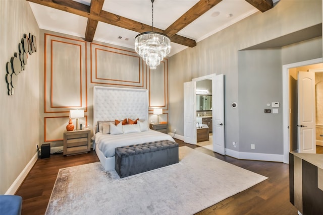 bedroom with beam ceiling, dark hardwood / wood-style floors, and ensuite bathroom