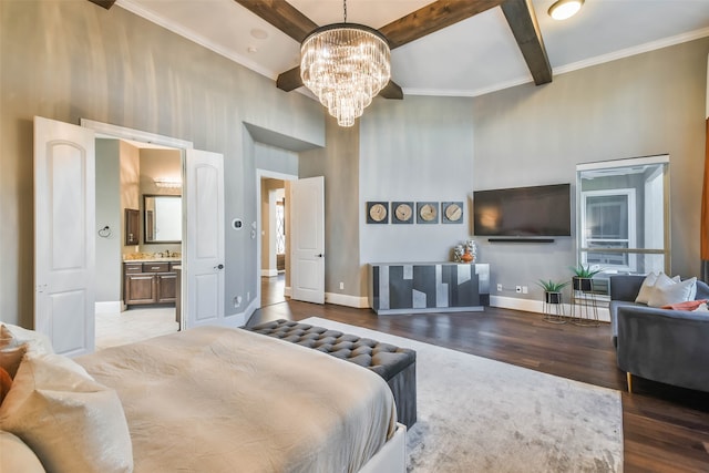 bedroom with beamed ceiling, a high ceiling, a chandelier, and hardwood / wood-style floors