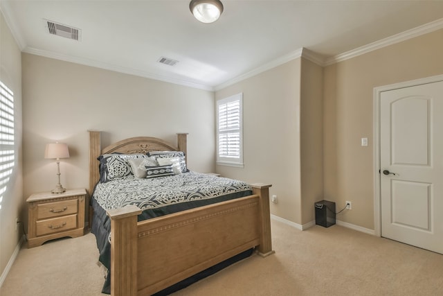 bedroom with light carpet and ornamental molding