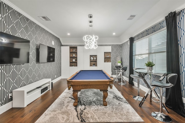 rec room featuring dark hardwood / wood-style flooring, crown molding, and billiards