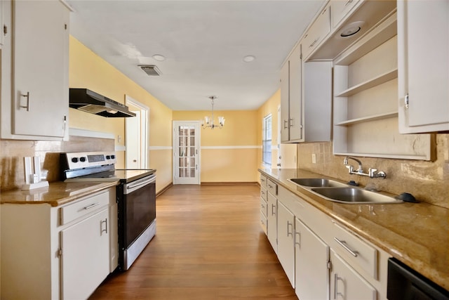 kitchen featuring white cabinetry, sink, extractor fan, decorative light fixtures, and stainless steel electric stove