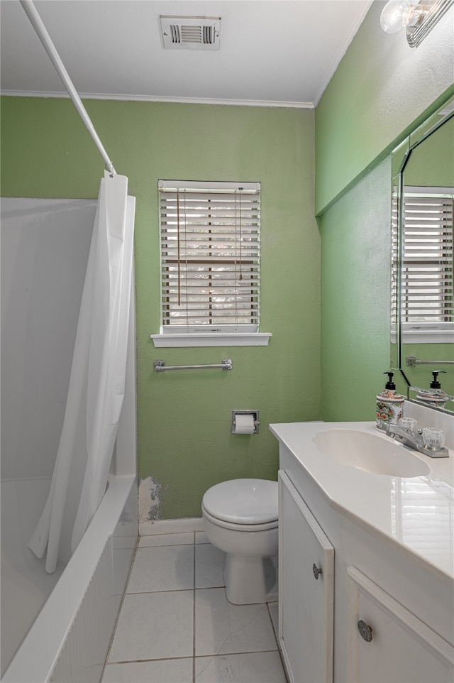 full bathroom with vanity, crown molding, shower / bathtub combination with curtain, and a healthy amount of sunlight