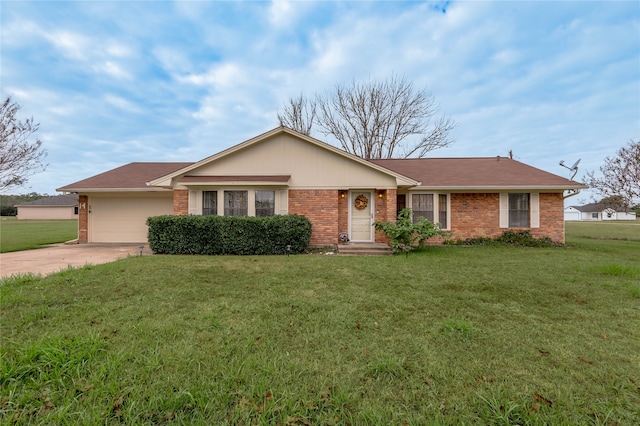 ranch-style house with a garage and a front lawn