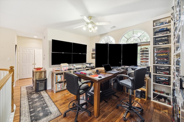 office with ceiling fan and hardwood / wood-style flooring