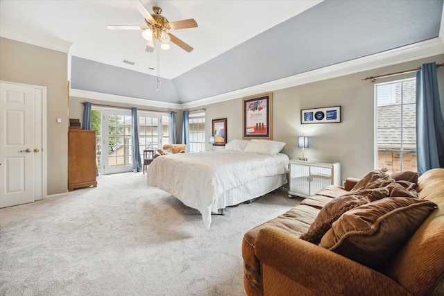 carpeted bedroom with ceiling fan, lofted ceiling, crown molding, and access to outside