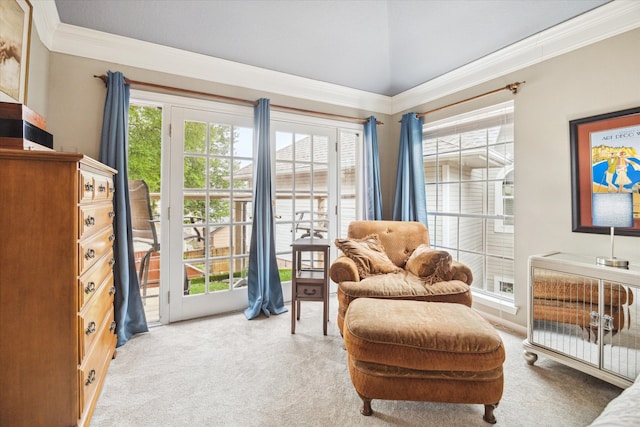 sitting room featuring light carpet and crown molding