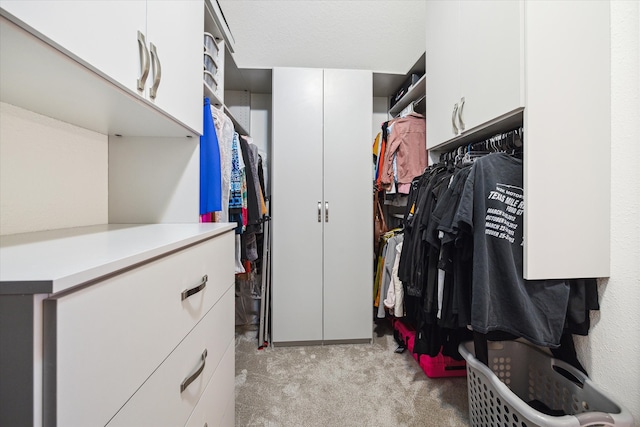 walk in closet with light colored carpet