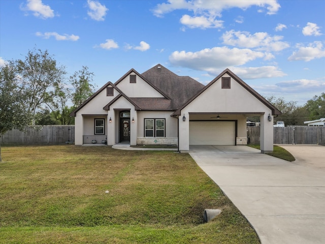 view of front of property featuring covered porch, a garage, and a front yard