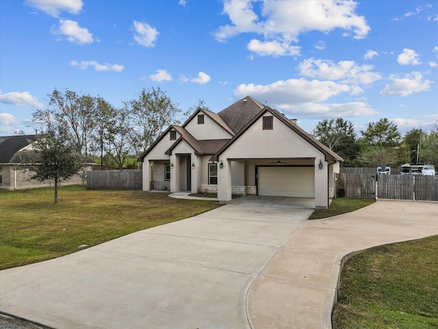 view of front of property featuring a front yard and a garage