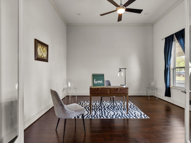 home office with ceiling fan, dark wood-type flooring, and ornamental molding