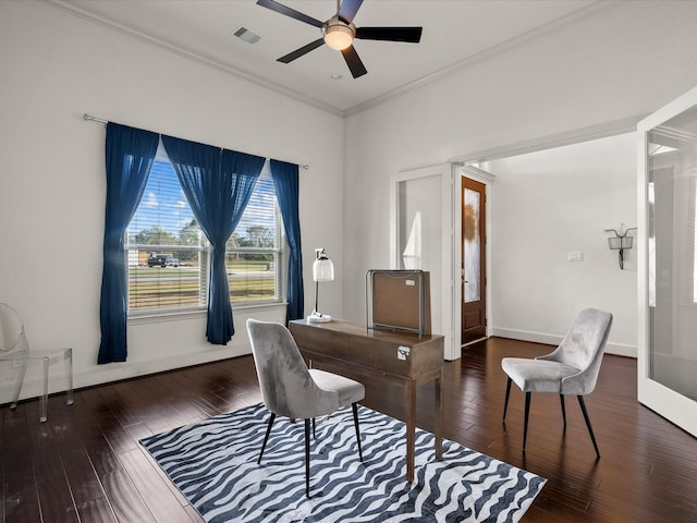 office with crown molding, dark hardwood / wood-style flooring, and ceiling fan