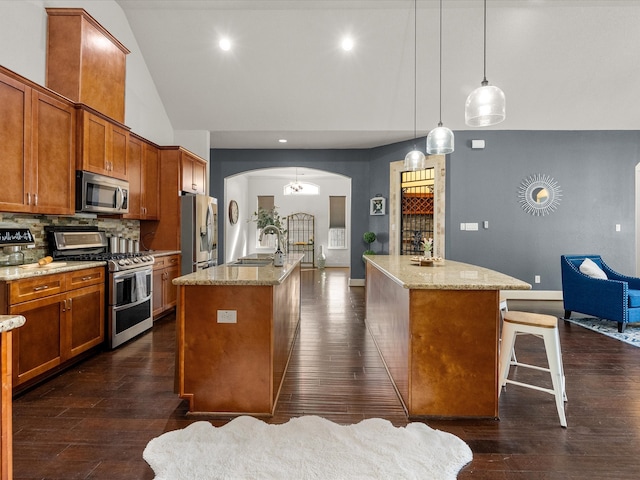 kitchen with dark wood-type flooring, a kitchen island with sink, hanging light fixtures, and stainless steel appliances