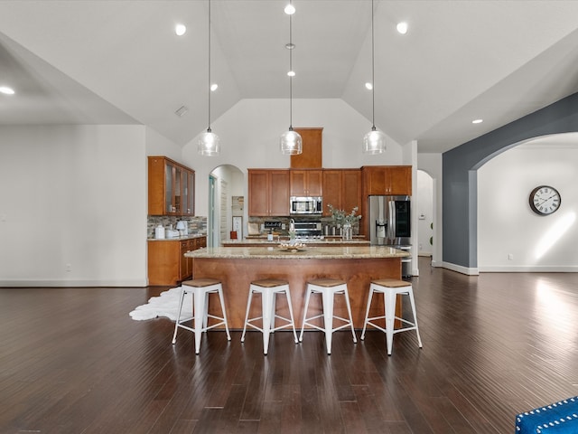 kitchen featuring dark wood-type flooring, light stone countertops, an island with sink, decorative light fixtures, and stainless steel appliances