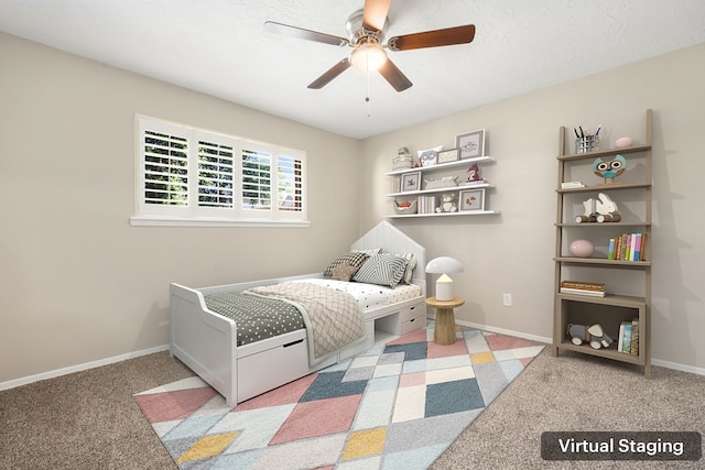 carpeted bedroom featuring ceiling fan