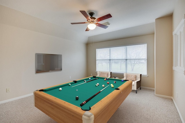 playroom with ceiling fan, carpet floors, lofted ceiling, and billiards