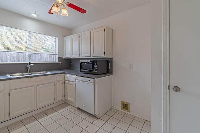 kitchen featuring white cabinetry, sink, white dishwasher, ceiling fan, and light tile patterned floors