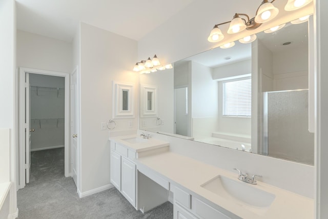 bathroom featuring a walk in closet, double vanity, a shower stall, and a sink