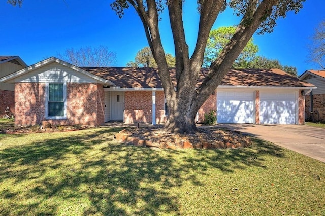 ranch-style house with a garage and a front yard