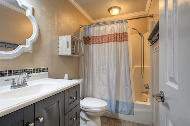 full bathroom with shower / bath combination with curtain, a textured ceiling, toilet, vanity, and ornamental molding