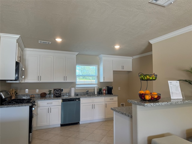 kitchen featuring light stone countertops, white cabinetry, crown molding, and stainless steel appliances