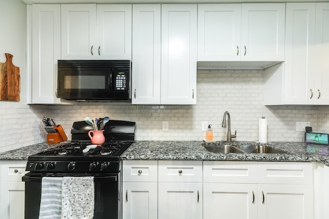 kitchen featuring backsplash, white cabinetry, and black appliances