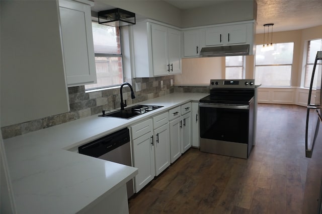 kitchen featuring stainless steel appliances, white cabinetry, dark hardwood / wood-style floors, and sink