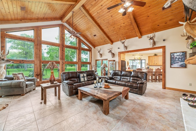 living room with ceiling fan, high vaulted ceiling, wooden ceiling, beamed ceiling, and light tile patterned flooring