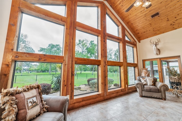 sunroom with ceiling fan, wooden ceiling, and lofted ceiling