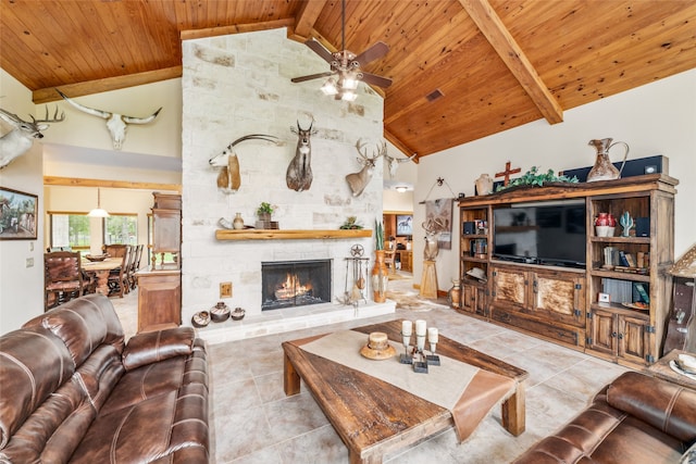 living room with ceiling fan, a stone fireplace, wooden ceiling, and high vaulted ceiling