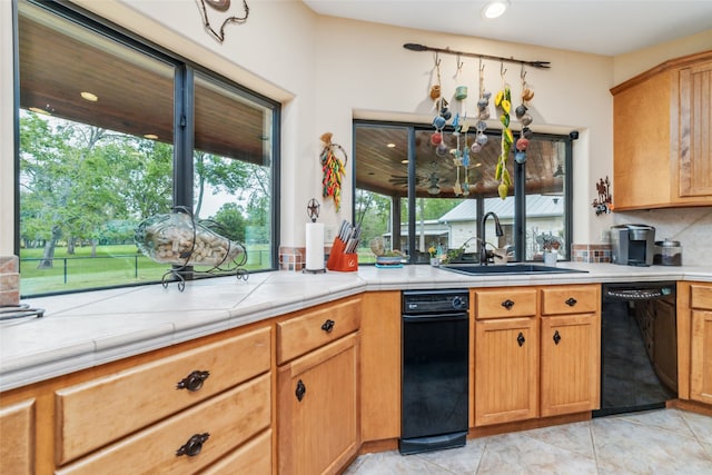 kitchen with dishwasher, sink, backsplash, tile countertops, and light tile patterned flooring