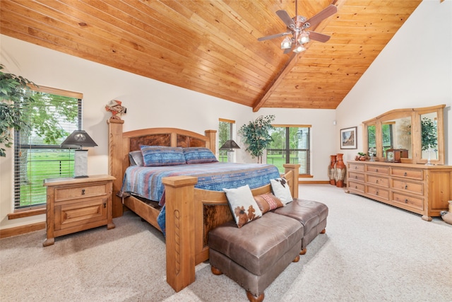 bedroom featuring ceiling fan, light colored carpet, wood ceiling, and high vaulted ceiling