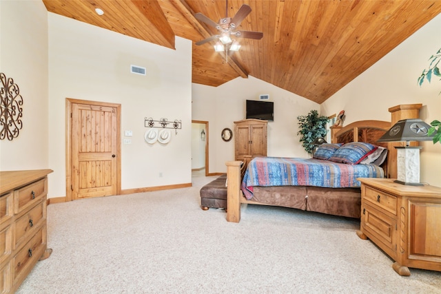 carpeted bedroom featuring ceiling fan, high vaulted ceiling, and wood ceiling