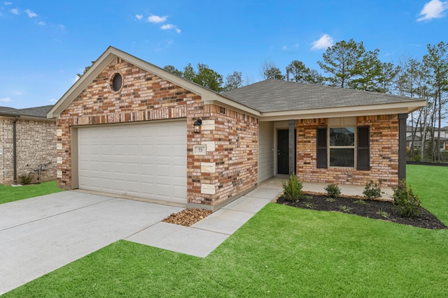 single story home with a garage and a front lawn