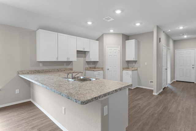 kitchen featuring hardwood / wood-style flooring, kitchen peninsula, white cabinetry, and sink