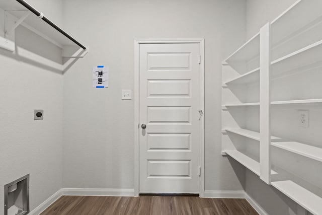 washroom with dark wood-type flooring and hookup for an electric dryer