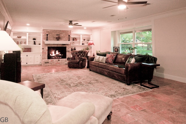 living room with built in shelves, ceiling fan, a fireplace, and ornamental molding