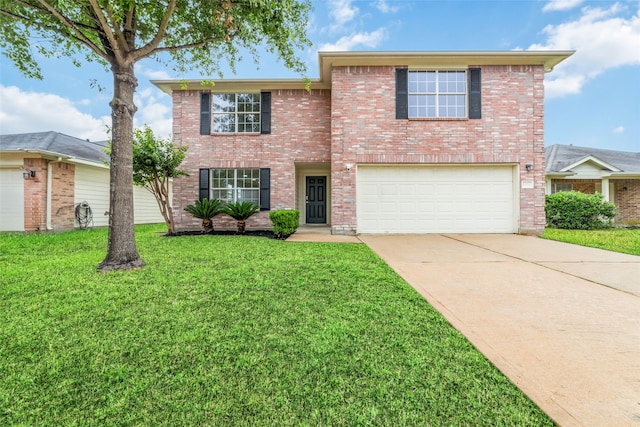 traditional-style house with a garage, concrete driveway, brick siding, and a front yard